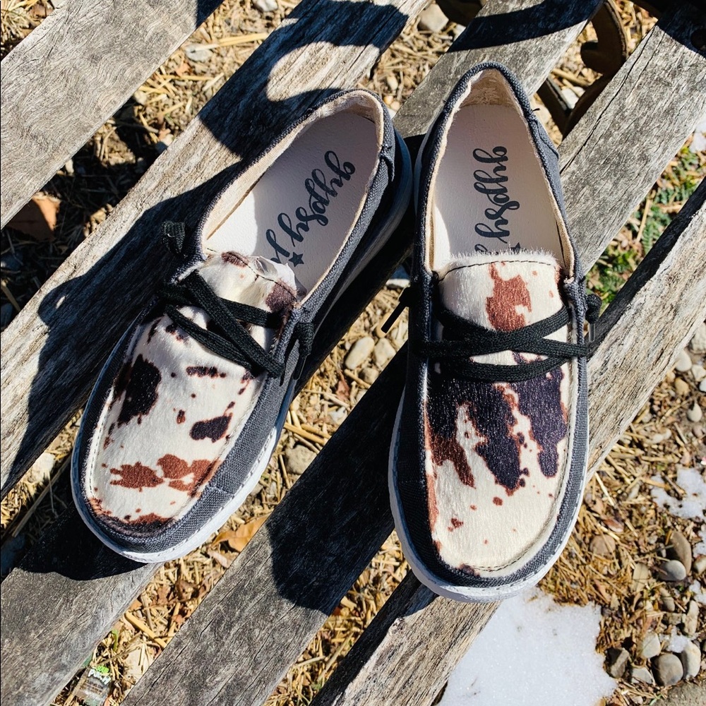 Black & Brown Cowprint Gypsy Jazz Slip On Shoes - Picture 2 of 2
